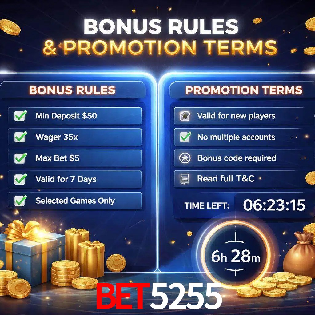 Reglas de promoción BET5255 y condiciones de bonos explicadas visualmente