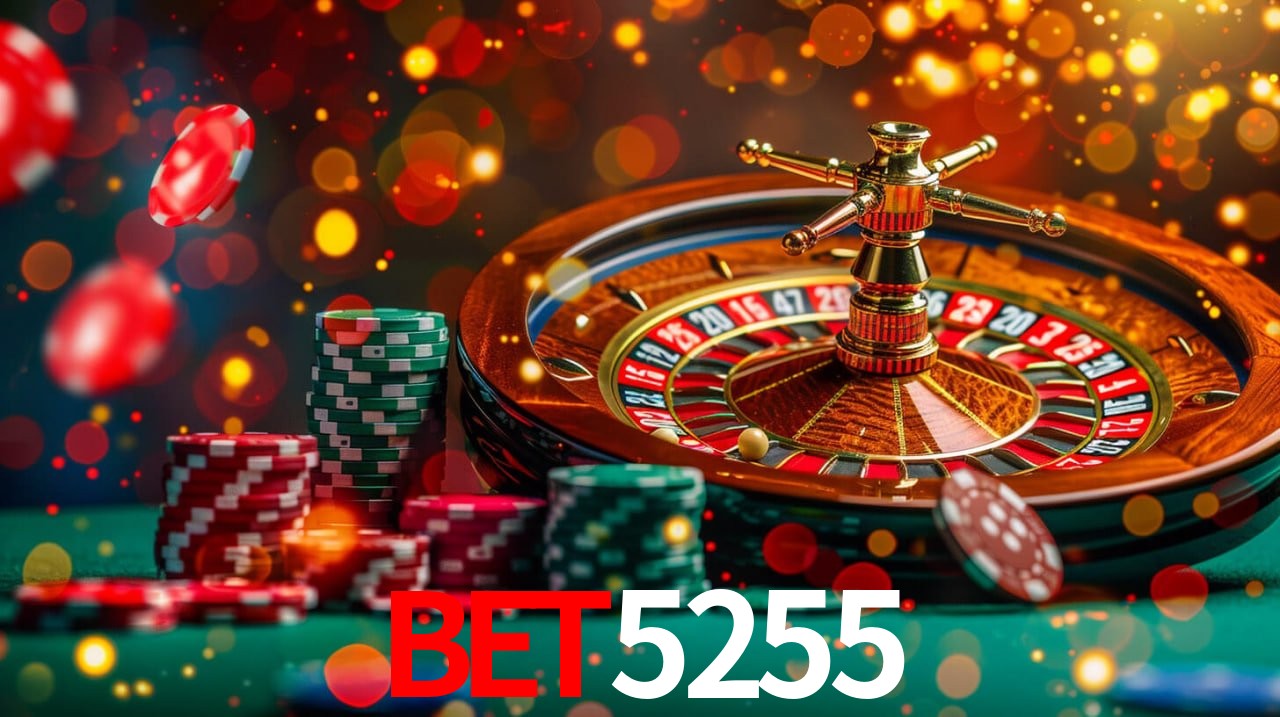 Una escena digital vívida inspirada en casino con BET5255 mostrado prominentemente, luces brillantes, fichas, cartas y acentos dorados.